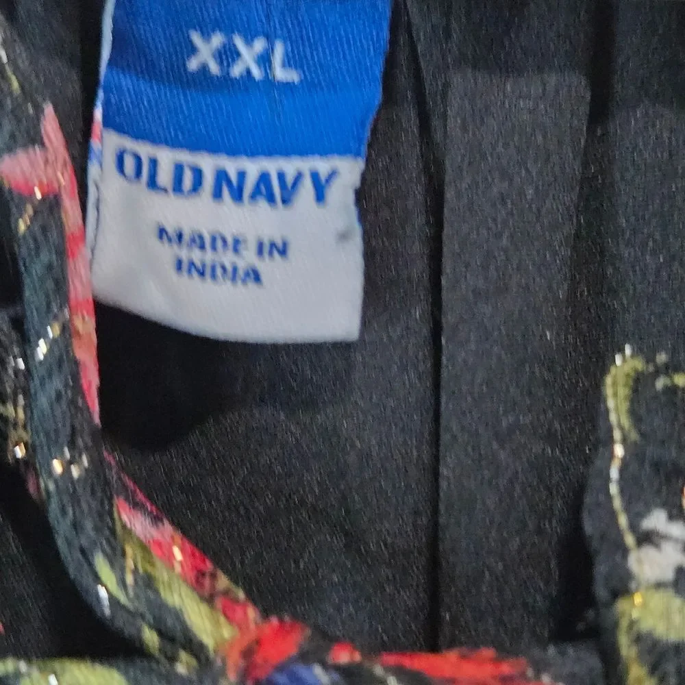 Old Navy Black Floral Gold Stripe Waist Defined Dress - Picture 4 of 5